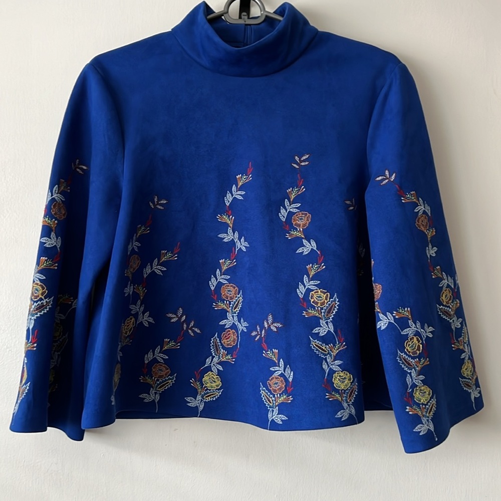 Zara Embroidered Blue Suede Bell Sleeve Top